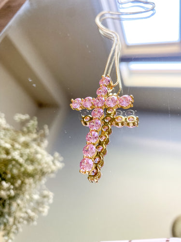 PINK CUBIC ZIRCONIA CROSS NECKLACE