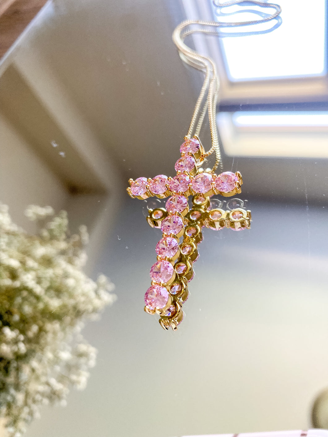 PINK CUBIC ZIRCONIA CROSS NECKLACE